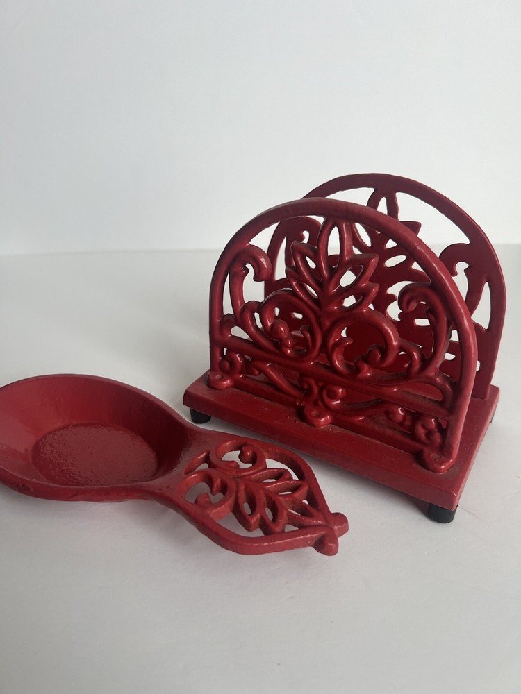 Red Enameled Solid Cast Iron Rounded Napkin Holder and Spoon Rest Set