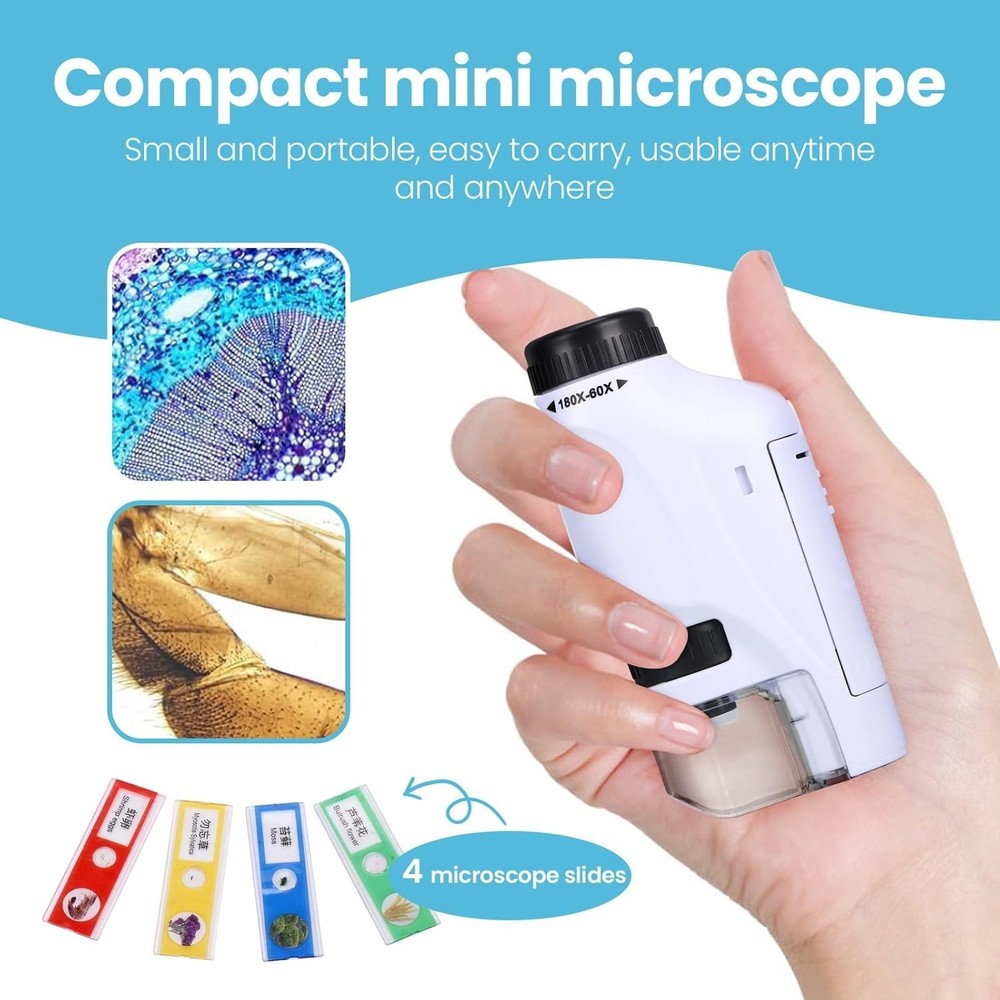 Portable Mini Microscope Handheld 60x-180x Lighted Microscope W/4 Slides, White