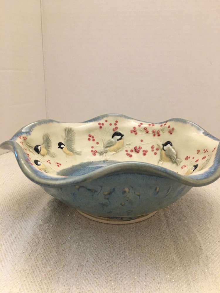 Jen Stein Art Pottery Bowl Decor Piece Chickadee Pattern