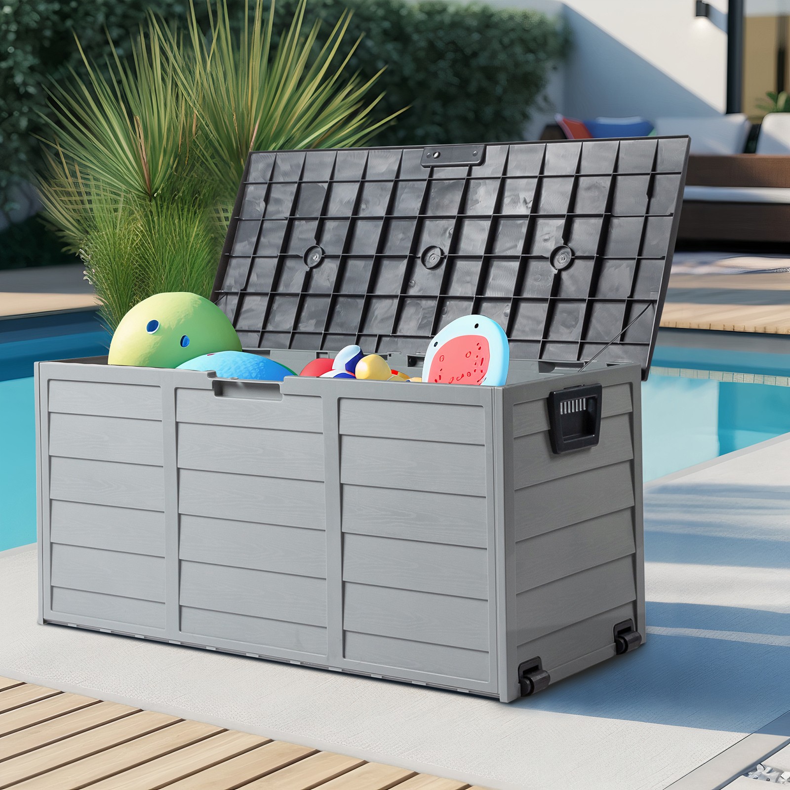 All Weather UV Pool Deck Box Storage Shed Bin Backyard Patio In/Outdoor Wheel