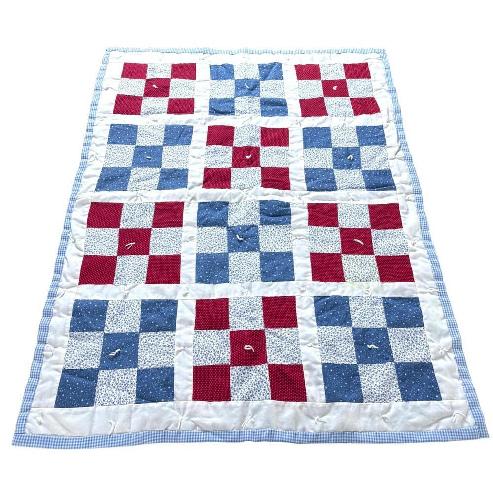 Red White & Blue Handmade Patchwork Quilt 32 X 24 Inches With Gingham Backing
