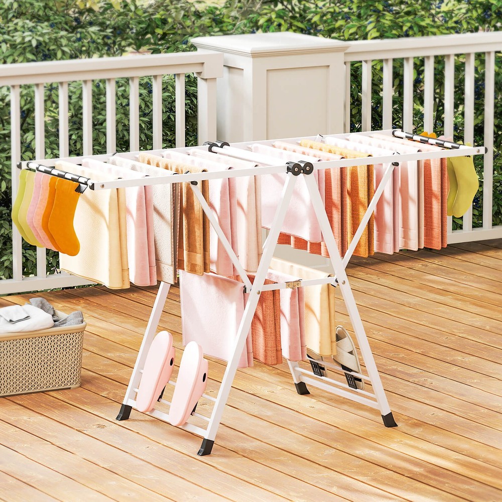 Foldable Metal Laundry Drying Rack w/Height Adjustable Wings, 18 Drying Rails