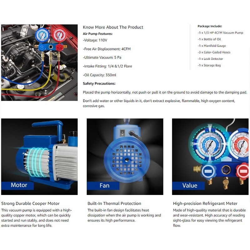 4 CFM Vacuum Pump HVAC Refrigeration AC Manifold Gauge R134A R502 Kit ETL Listed