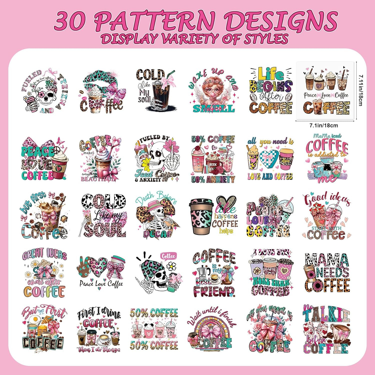 Dtf Transfers Ready to Press - 30Pcs Coffee Iron on Transfers for Tshirts, Coffe