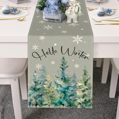Hello Winter Pine Tree Grey Dining Table Runner, Watercolor Snowflake Burlap