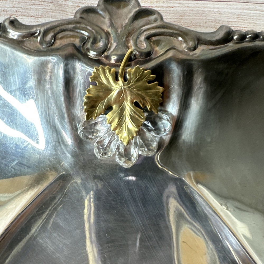 Vintage BO Italy Silverplate 3 Section Bonbon Dish Gold Leaf Crystal Grapes