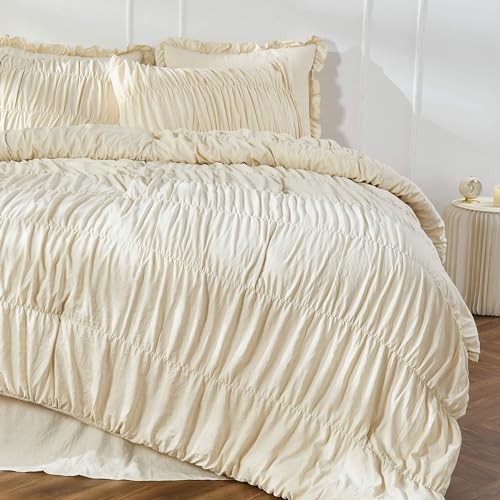 Comforter Set - Ruched Comforter Size Bed Set Boho Shabby Chic Queen Wheat