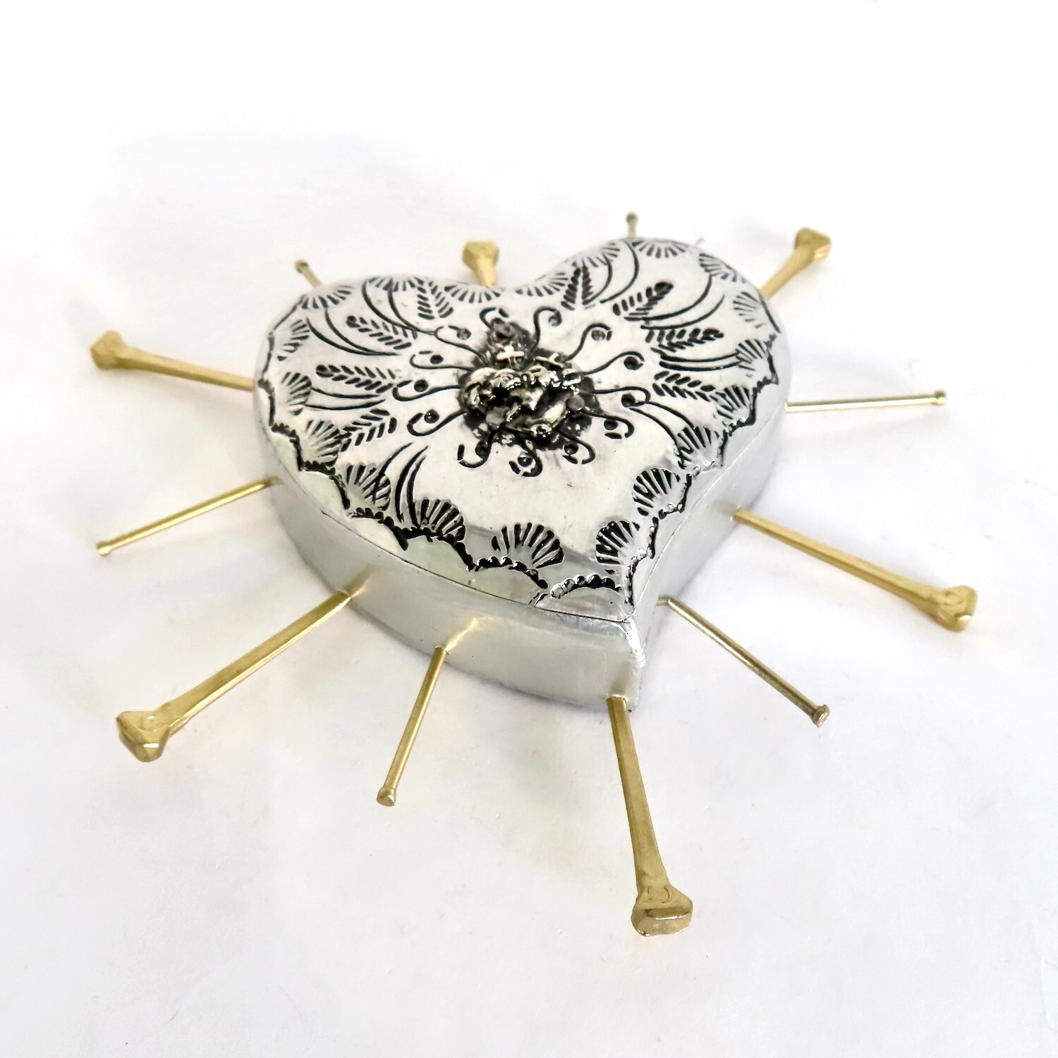 Milagros Sacred Heart Nails Wood Silver Embossed Handmade Mexican Folk Art 6H
