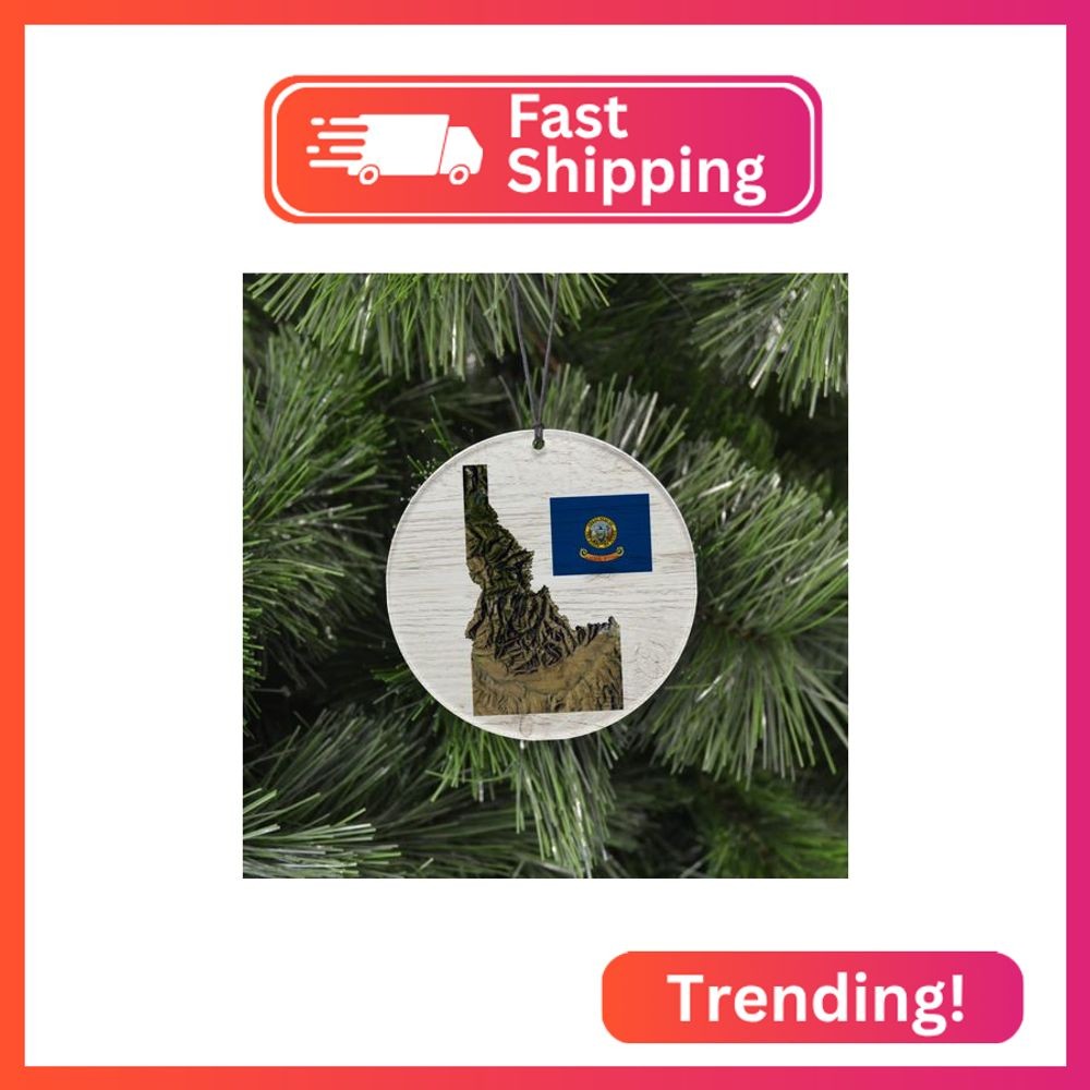 Idaho Christmas Ornament - Rustic Design Featuring State Flag and Terrain Map -