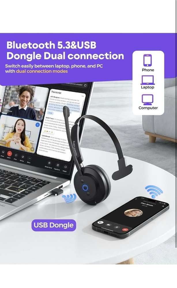 Wireless Headset with Mic for Work, Bluetooth Headphones with Microphone, Comput