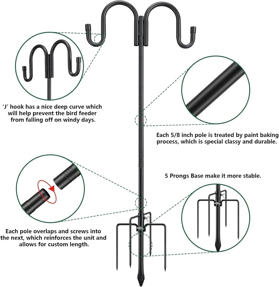Black Double Shepherds Hook - 52 Inch Adjustable Bird Feeder Pole with 5 Pron...
