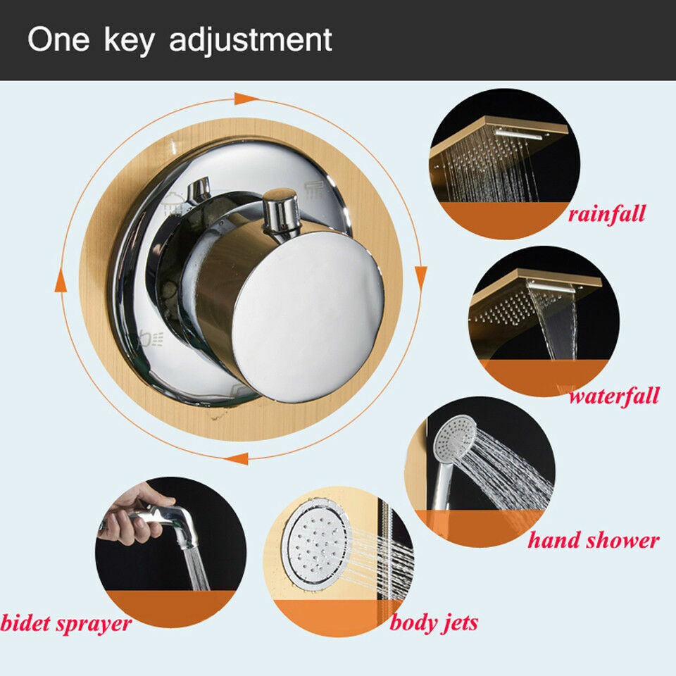 Black Shower Panel Tower System LED Rain&Waterfall Head Combo Massage Jets Mixer