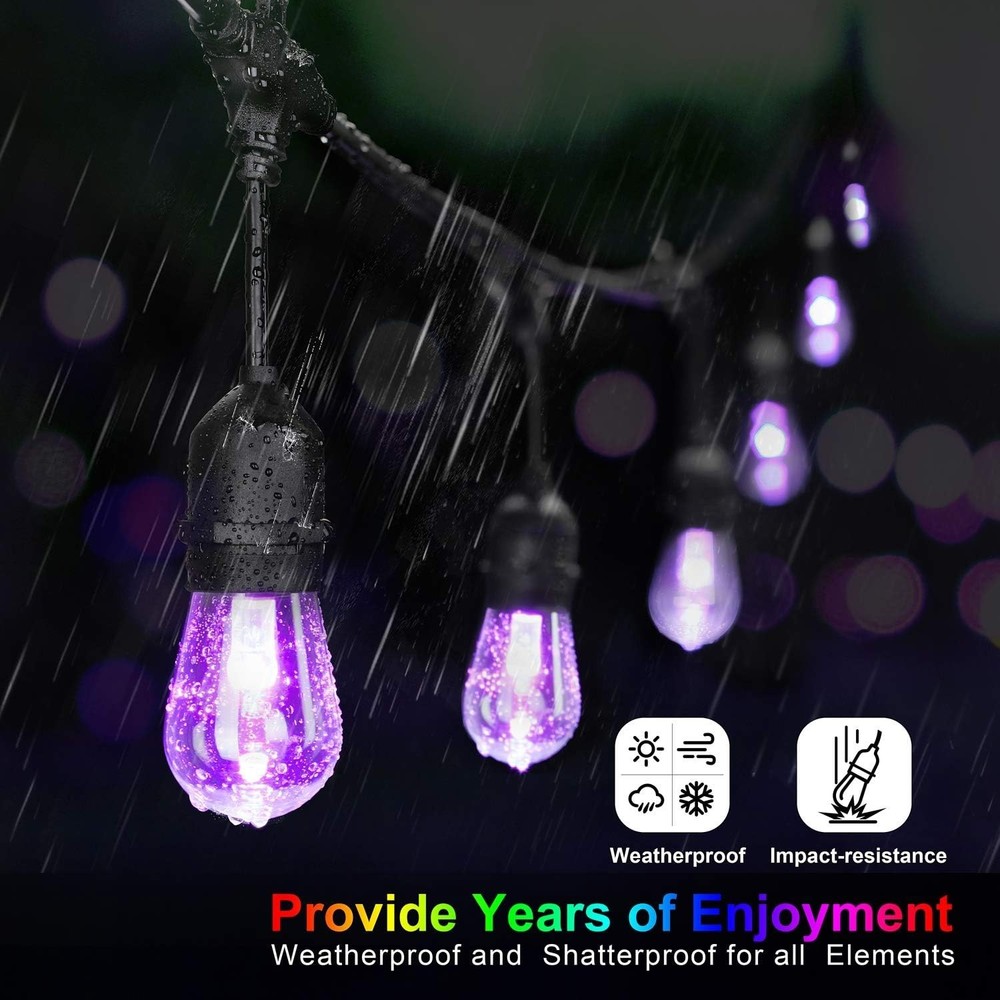 Waterproof RGB 48FT Outdoor String Lights with Dimmable Remote Functionality