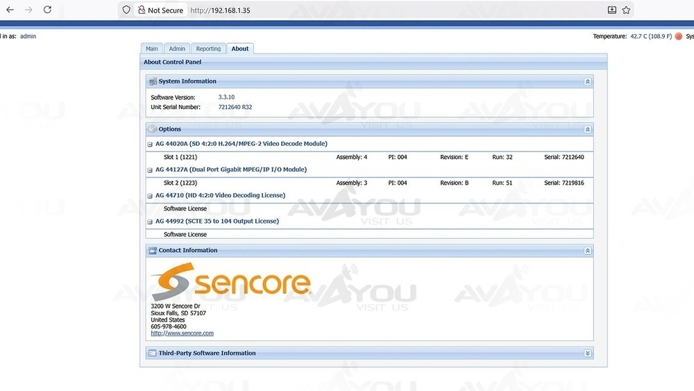 Sencore openGear AG4400 Receiver Decoder SD/HD 4:2:0 H.264 MPEG-2 SCTE IP Audio