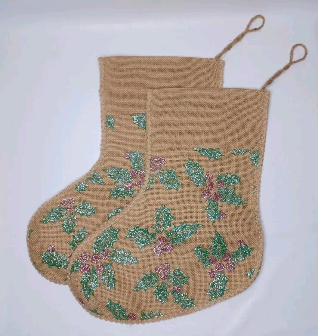 Burlap Christmas Tree Stocking Set Of Two Stockings Glitter Holly Berries Leaves