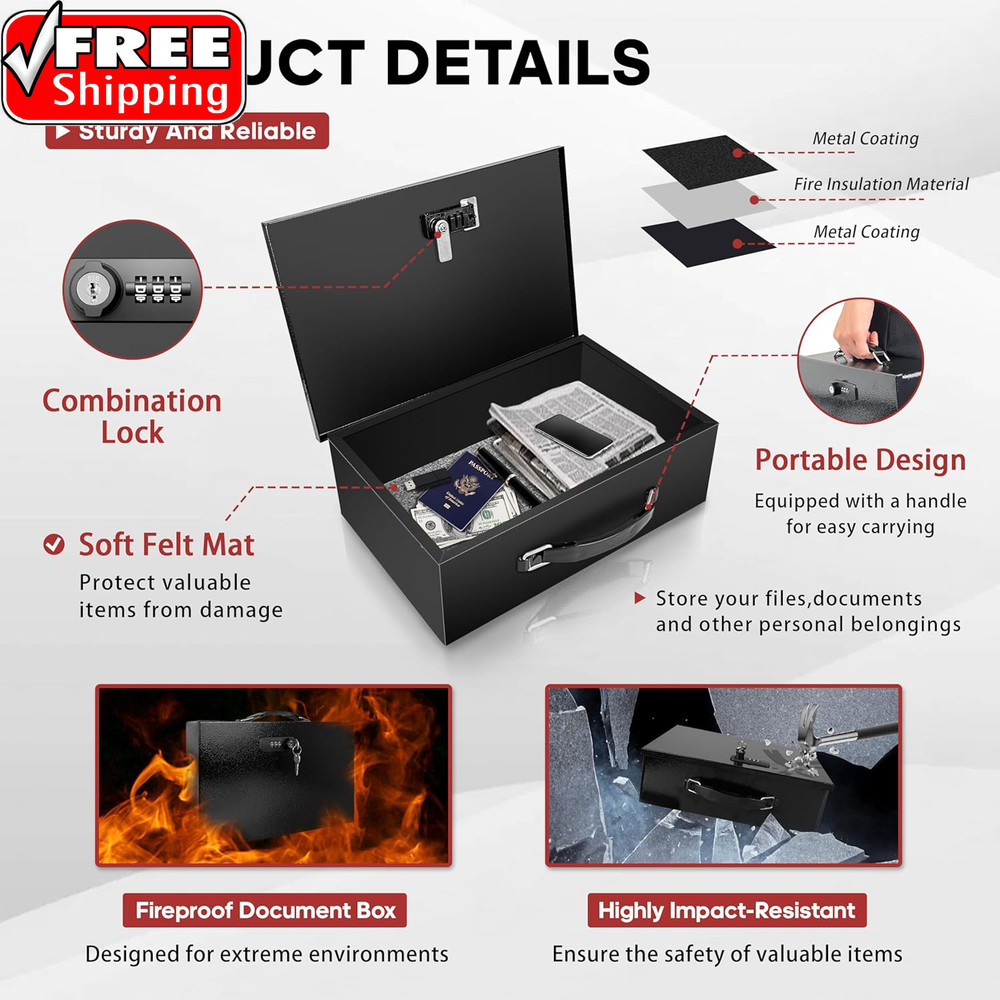 Fireproof Lock Box with Key and Combination Lock, Fire Safe Document Box, Portab