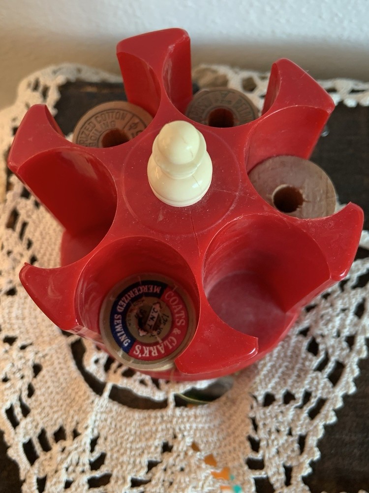Vintage Red Sewing Carousel Thread Holder Mid Century Caddy