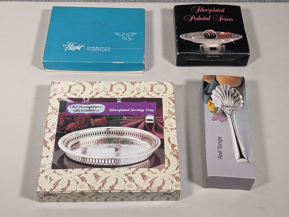 Vintage Silverplated Serving Items Lot - Oneida, Serving Tray, Thongs, Pedestal