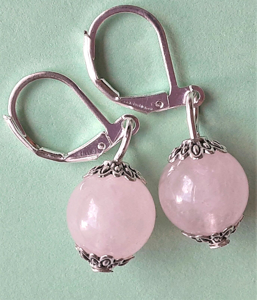 ROSE QUARTZ round simple drop earring SP LEVERBACK HANDCRAFTED #PCL