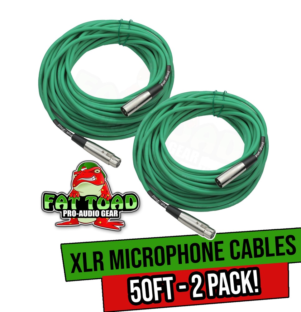 XLR Microphone Cables (2 Pack) by FAT TOAD | 50ft Pro Audio Green Mic Cord Patch