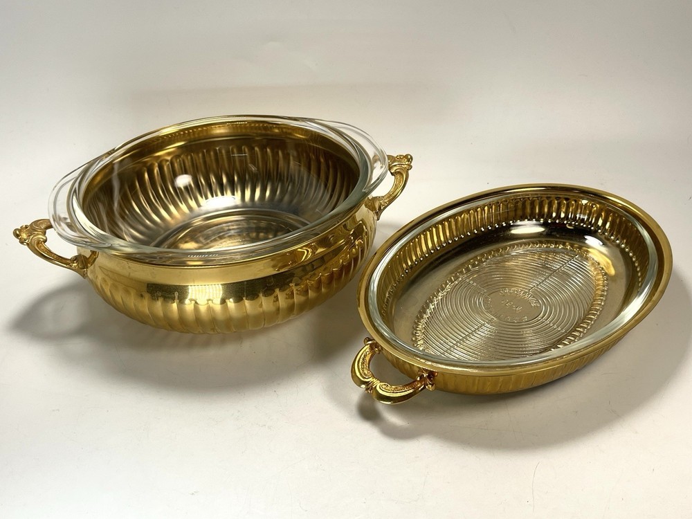 2 Vtg L'heure D'or By VA USA Gold Plated Serving Dishes W/ Pyrex Glass Inserts