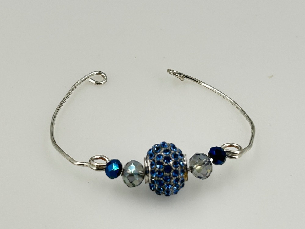 Blue Crystal Bead Silver Tone Adjustable Open Bangle Bracelet 3.5"