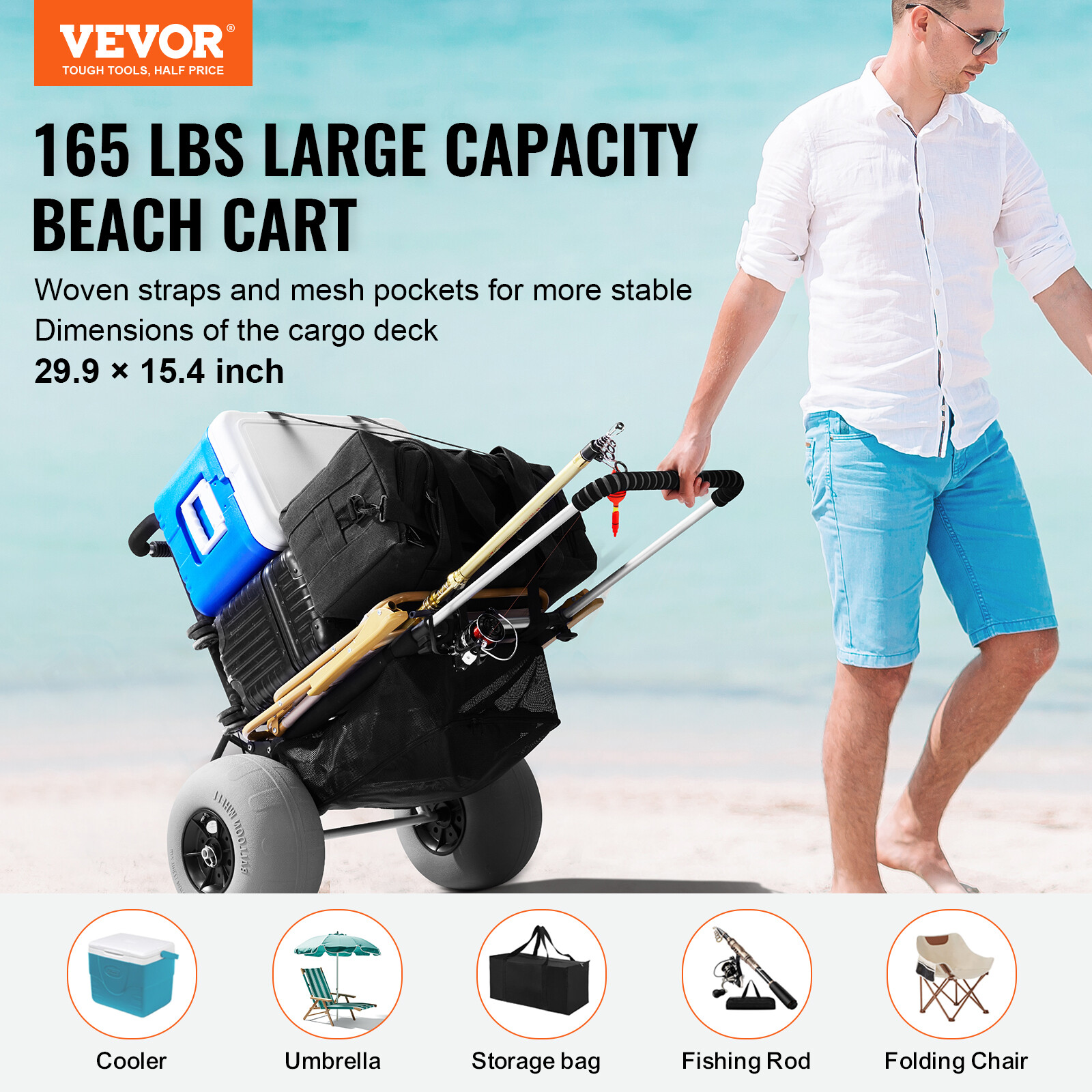 VEVOR Beach Sand Cart Beach Wagon for Sand 12 in Balloon Wheels Beach Gardening