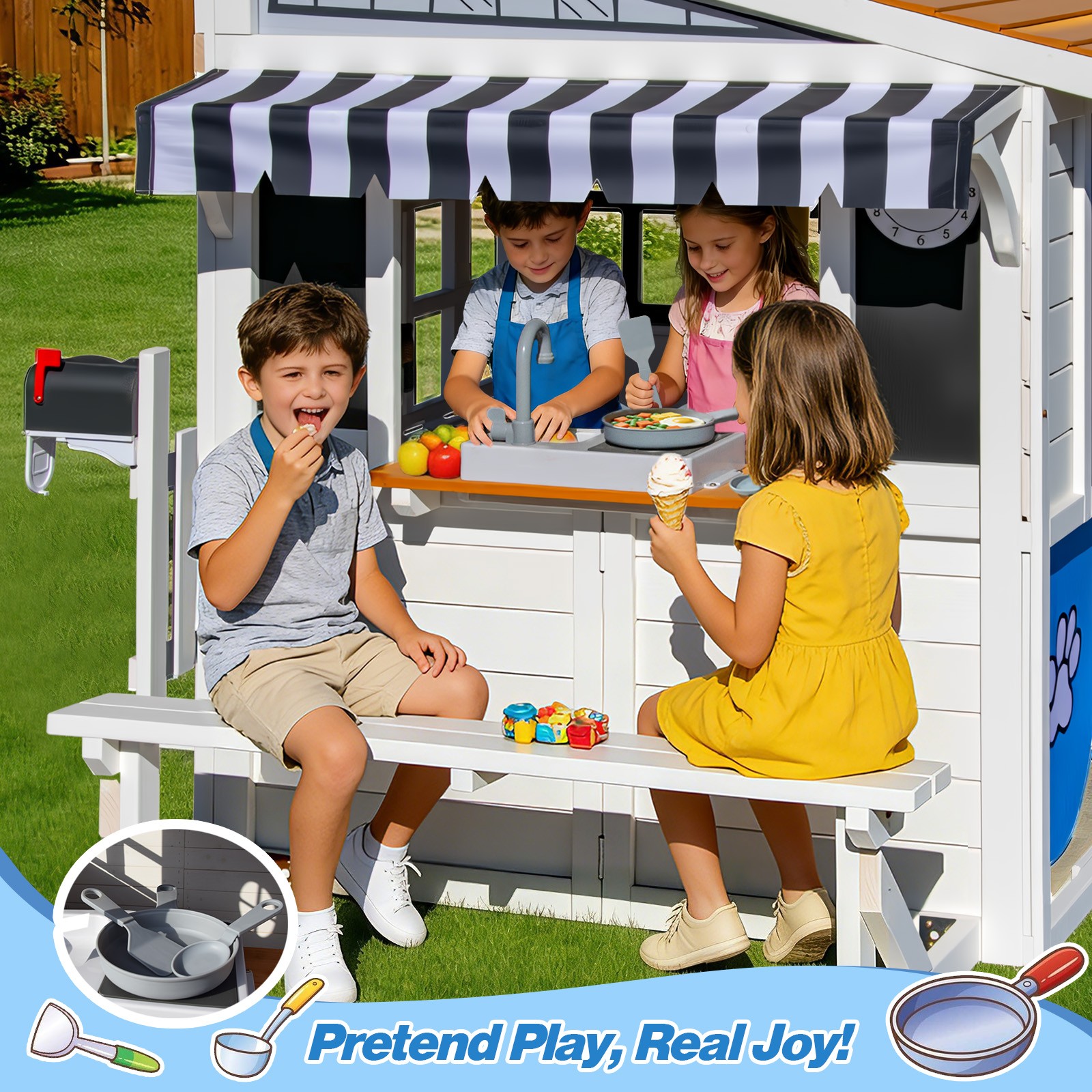 Kids Wooden Playhouse Outdoor Cottage Play Kitchen,Bench,Blackboard,Tic-Tac-Toe