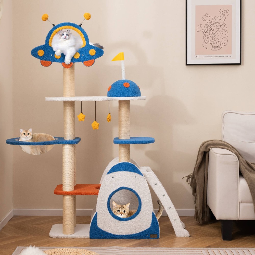 Space Theme Cat Tree w/ Sisal Covered Scratching Posts UFO-shaped Top Perch