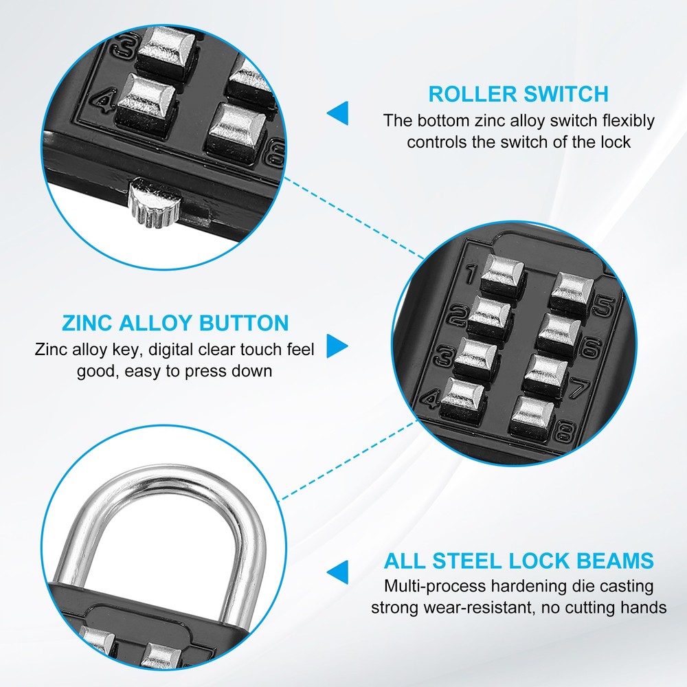 3Pcs Push Button Combination Padlock 8-Digit 4-Position Lock Black