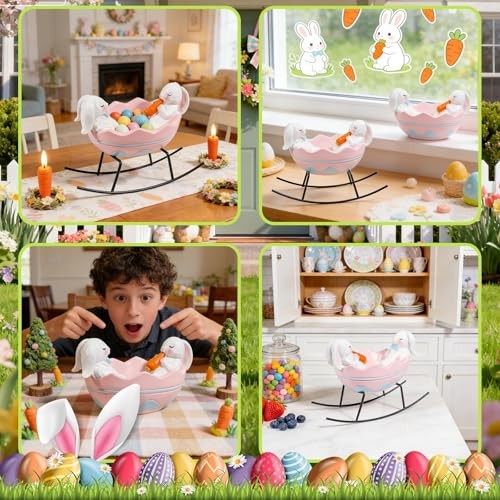 Bunny Figurines Easter Candy Dish Rocking Egg Cradle Rabbit Statue for Spring