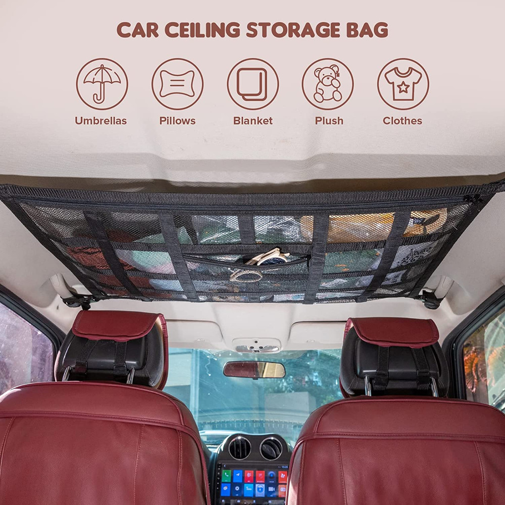 Car Ceiling Cargo Net Pocket Double-Layer Roof Storage Mesh