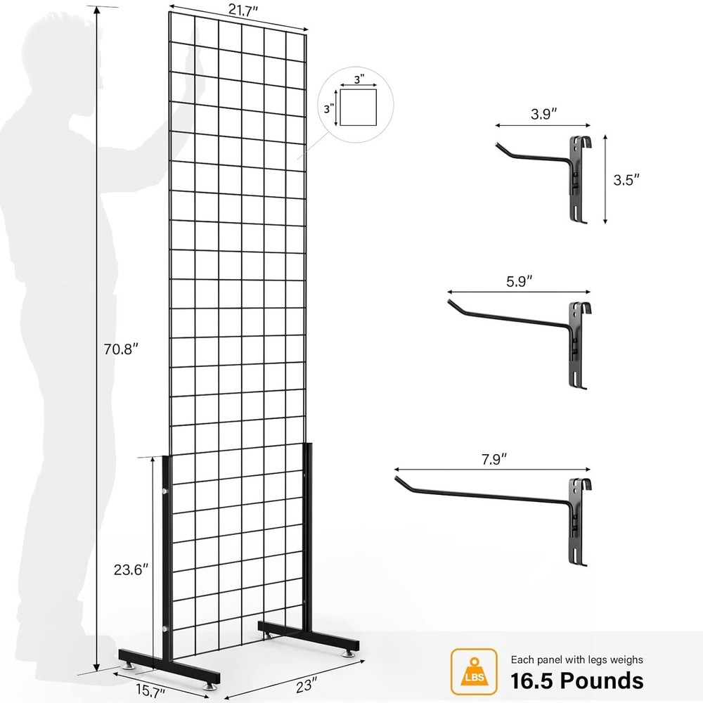 Freestanding 6' x 2' Grid Wall Rack with Hooks – Versatile Display Solution