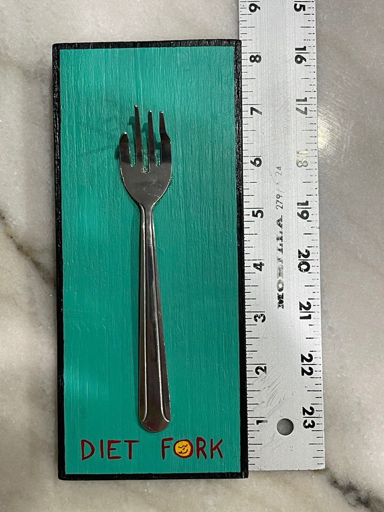 Funny diet fork mounted on wood gift vintage