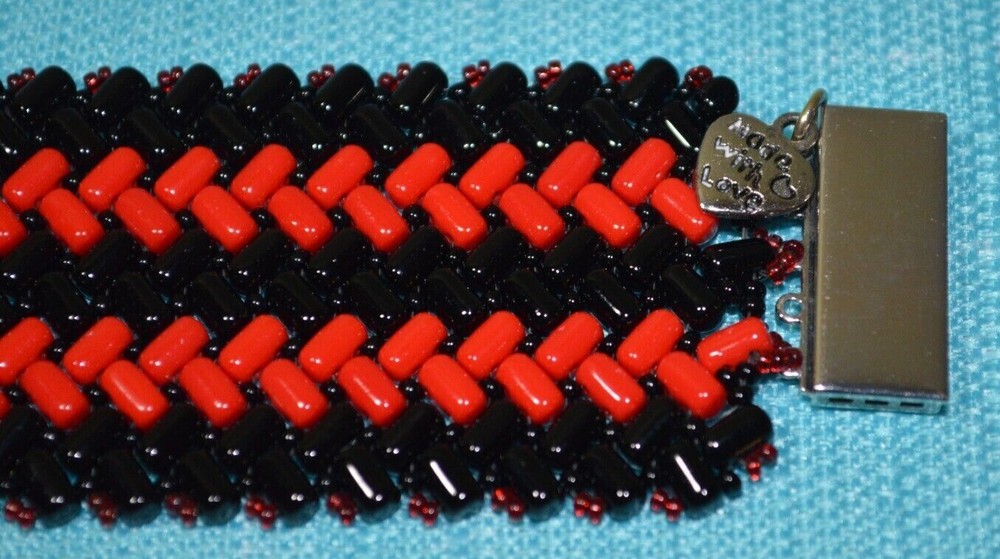 Red & Black Chevron Pattern Handmade Beaded Cuff Bracelet