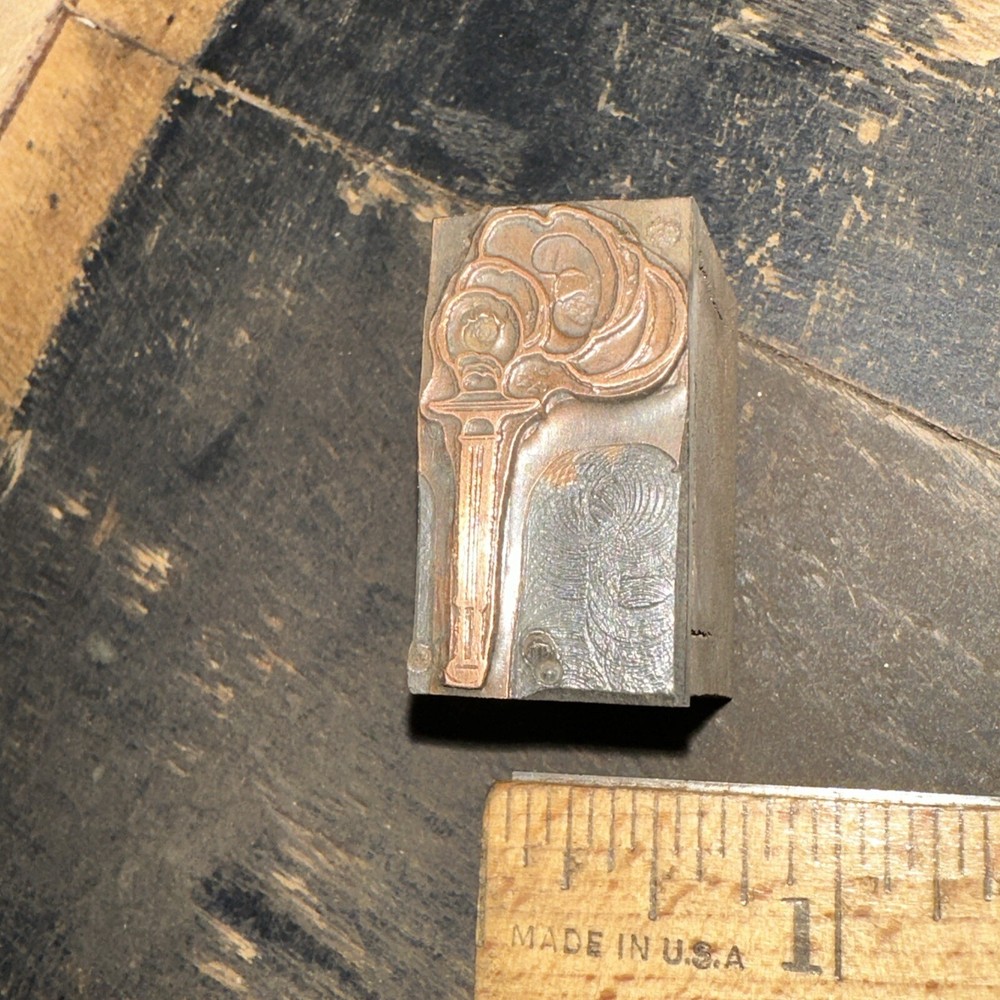 Old Printing Block “ Smoldering Torch “ Copper Face, Nice Details