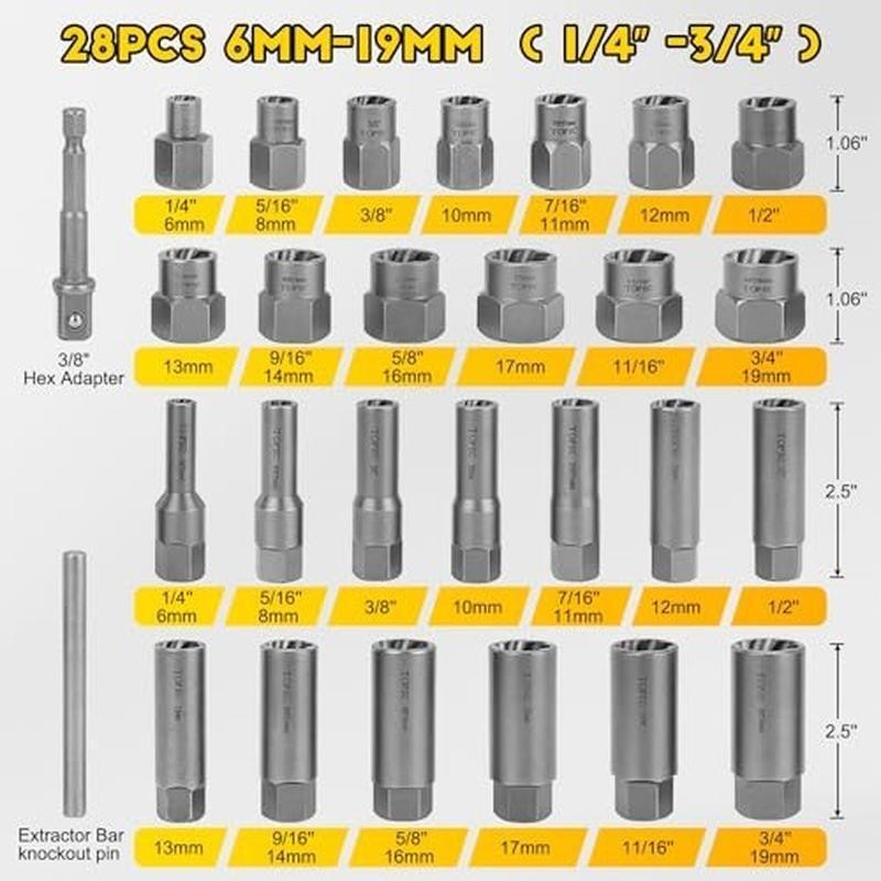 Deep Bolt Extractor Set 28PCS 3/8" Drive Bolt Extractor Kit Lug Nut Removal Tool