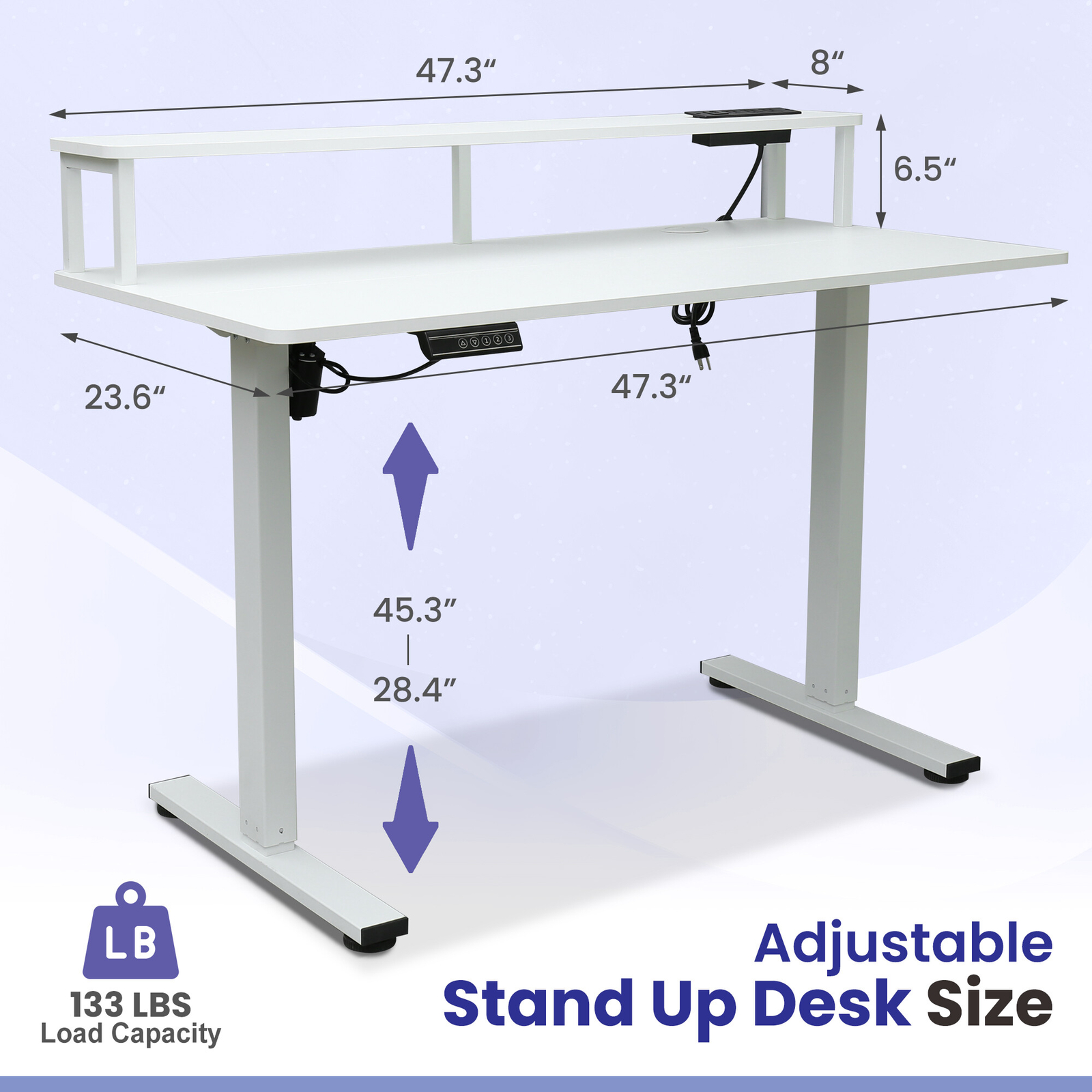 47 x 24 Inch Adjustable Standing Desk Computer Office Table White w/ Power Strip