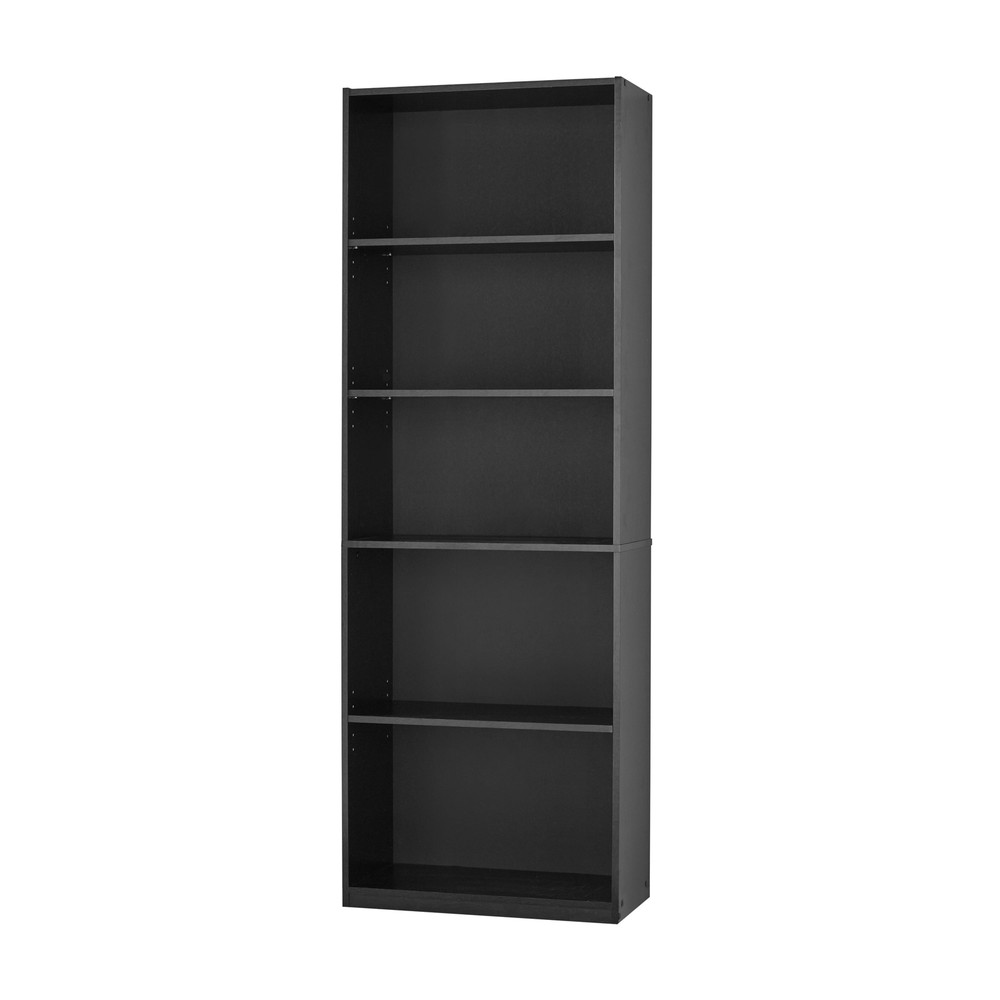 Five-shelf bookcase with adjustable shelves, solid black oak