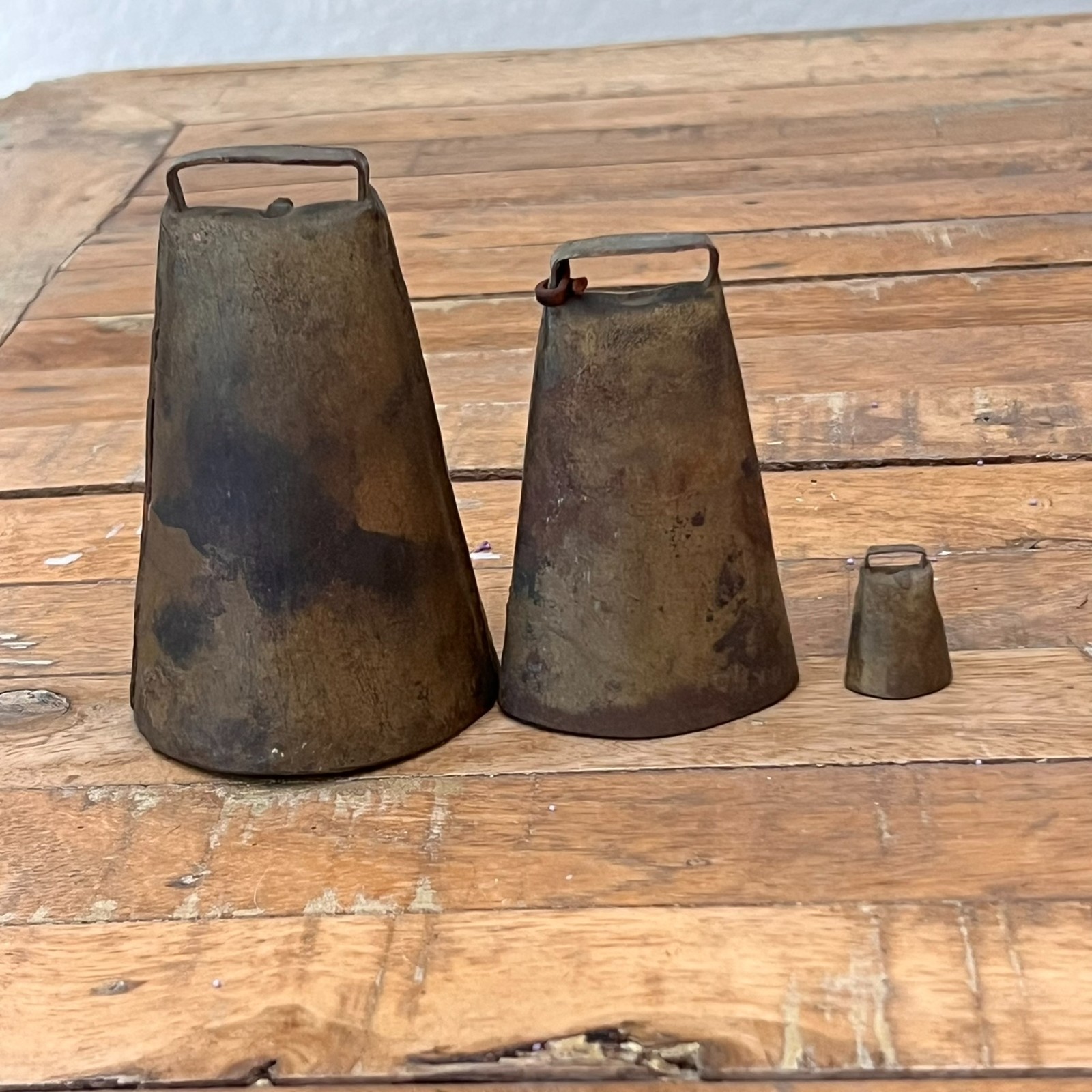 Antique Steel Cow Bells Lot of 3 Original Hand Riveted