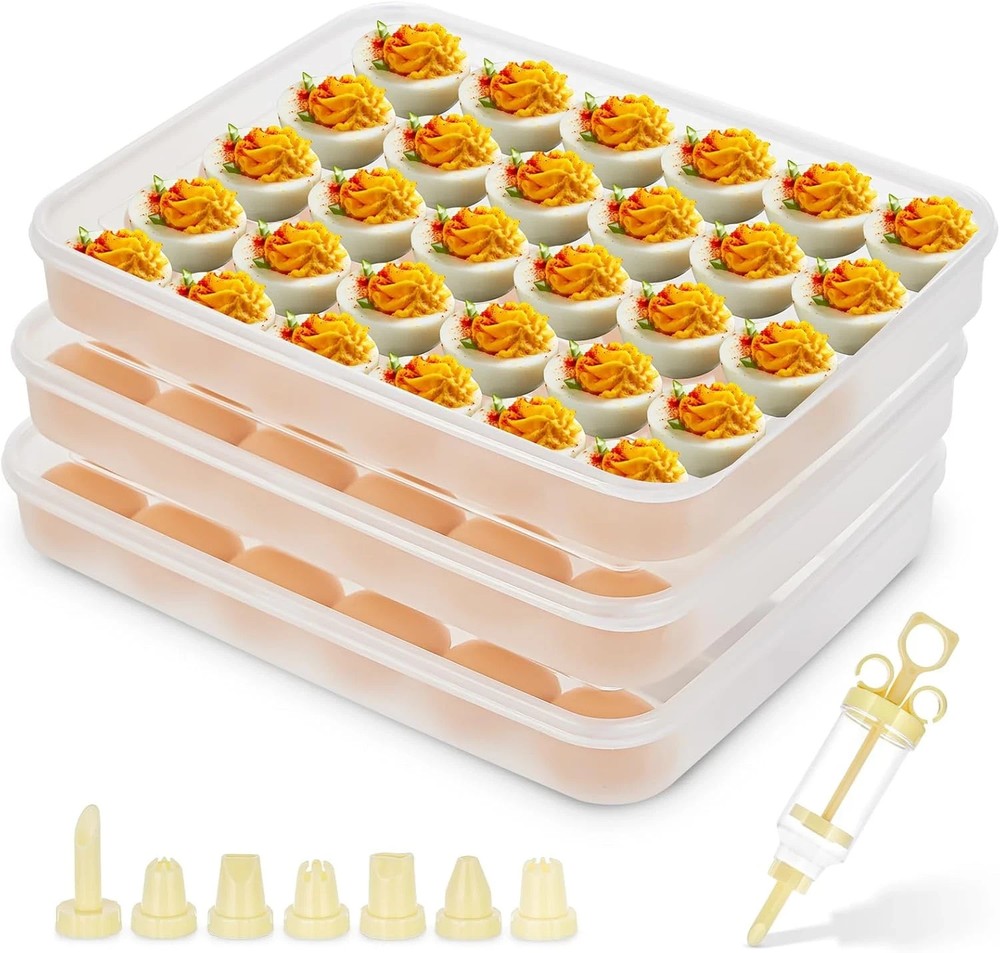 3 Pack Deviled Egg Containers with Lid and 8 Pcs Deviled Egg Injector Piping Too
