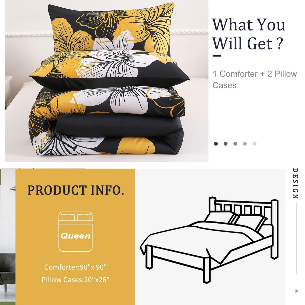 Queen Comforter Set Black/Gold Floral Bedding Comforter Sets Soft Microfiber ...