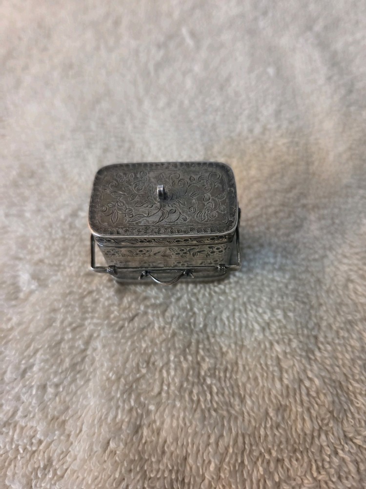 CHINESE Silver Antique Rectangular Lidded/Handled BOX Floral Engraving Marked CS