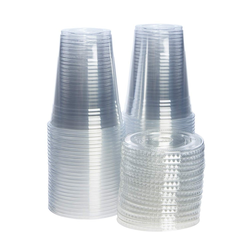 Clear Plastic Cups with Flat Lids [16 oz - 100 Count] - Disposable Iced Coffe...