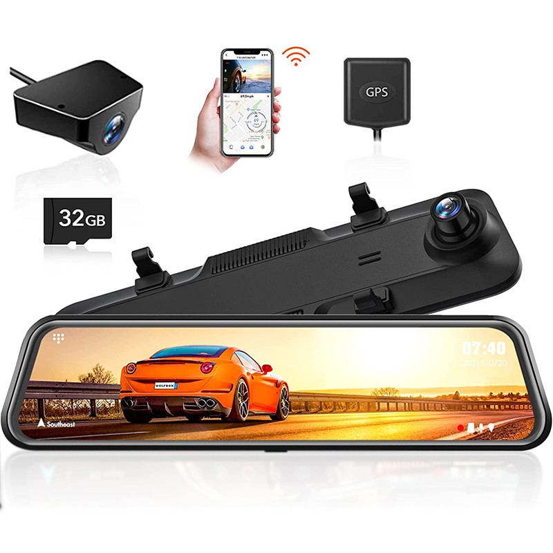 WOLFBOX G840H 12'' Mirror Dash Cam 2.5K+1080P With WiFi, GPS, Loop Recording