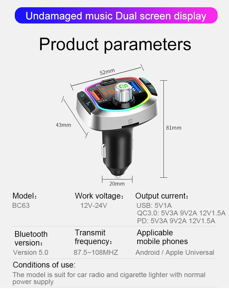 Bluetooth Car Adapter MP3 Player FM Transmitter Handsfree Dual Digital Display