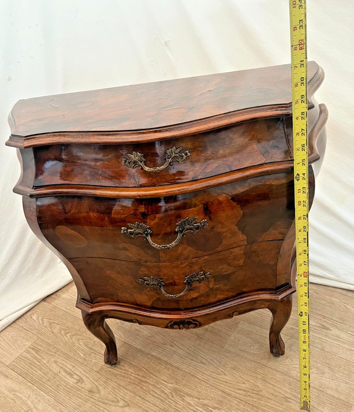 Vintage Venetian Bombe Commode Small Chest of Drawers Burl Turtle shell walnut
