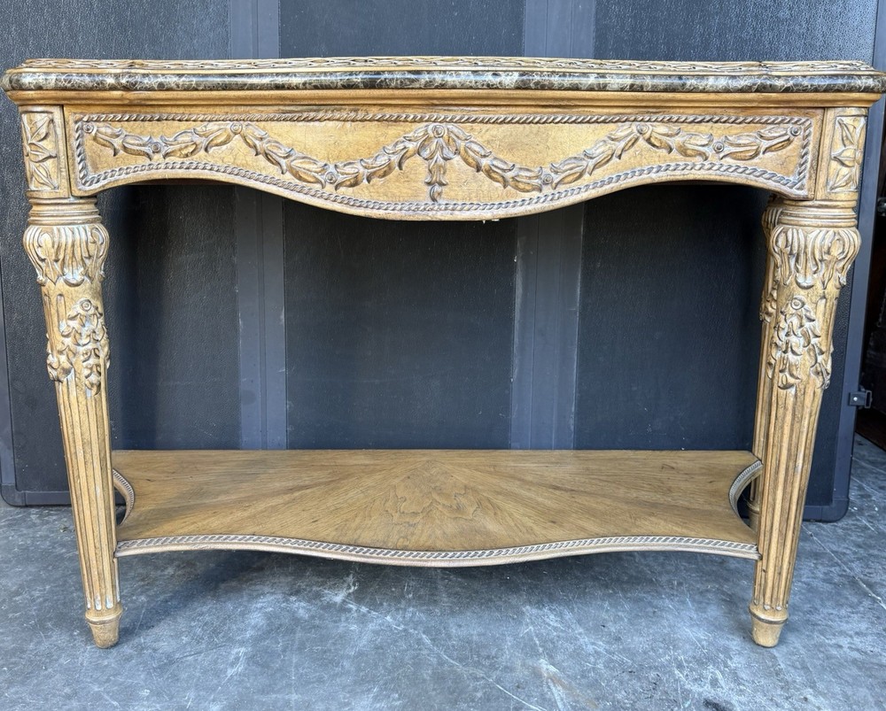 Carved Wood Marble Top Console