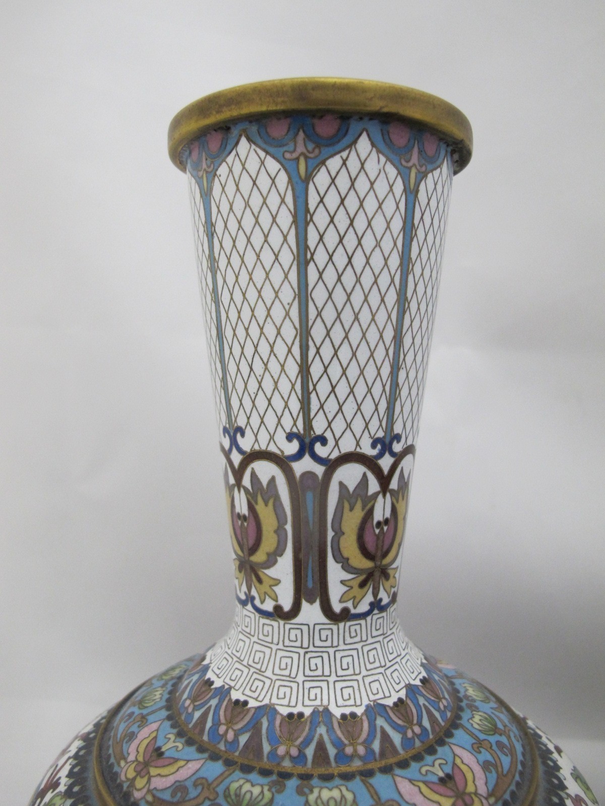 CHINESE White Enamel CLOISONNE Colorful Butterfly & Flower Vase Pair