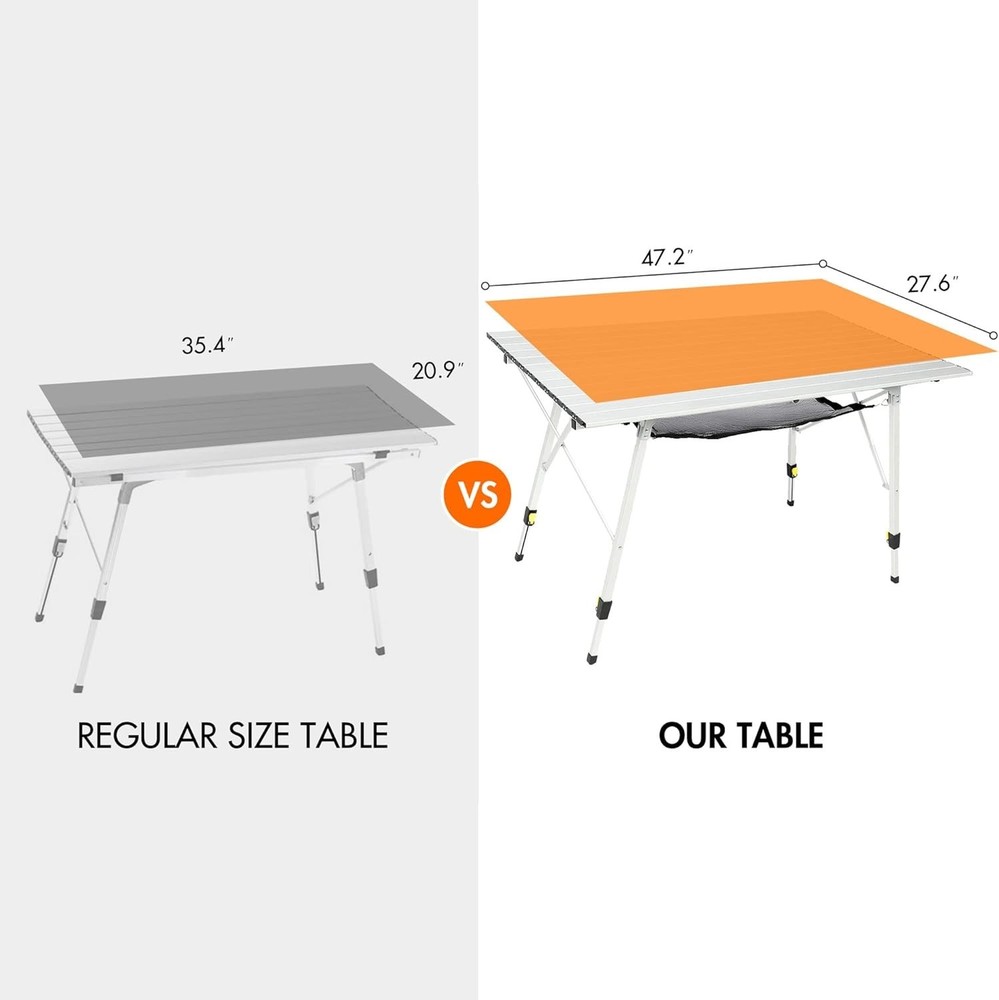 Extra Large Portable Aluminum Folding Camping Table - Adjustable Height, Silver